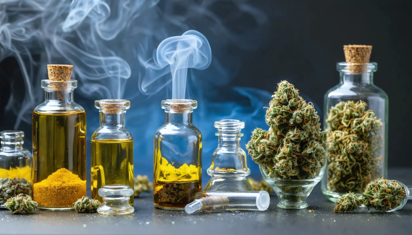 Glass bottles with corks, filled with yellow liquid, smoke rising, surrounded by dried herbs and a small glass bowl with green buds