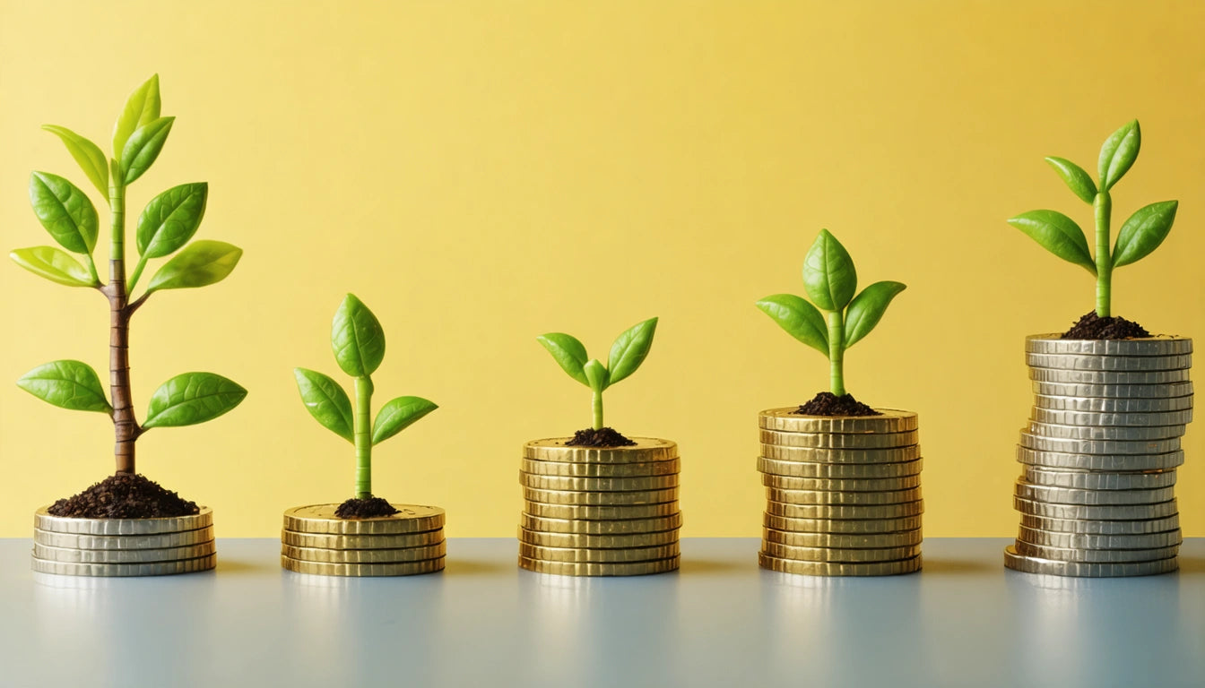Four stacks of gold coins with small green plants growing on top, set against a yellow background