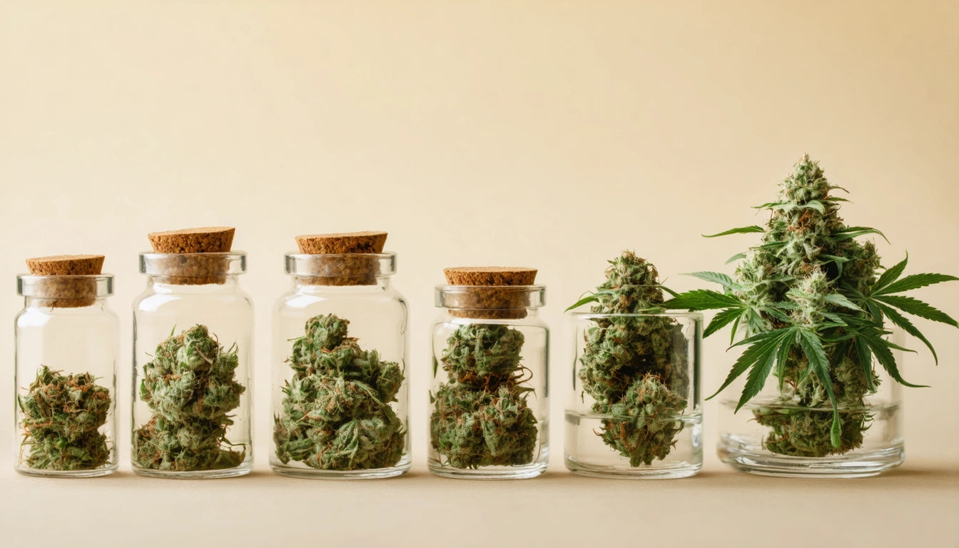 Six glass jars with cork lids, each containing green, leafy plant buds; one jar has a plant with leaves