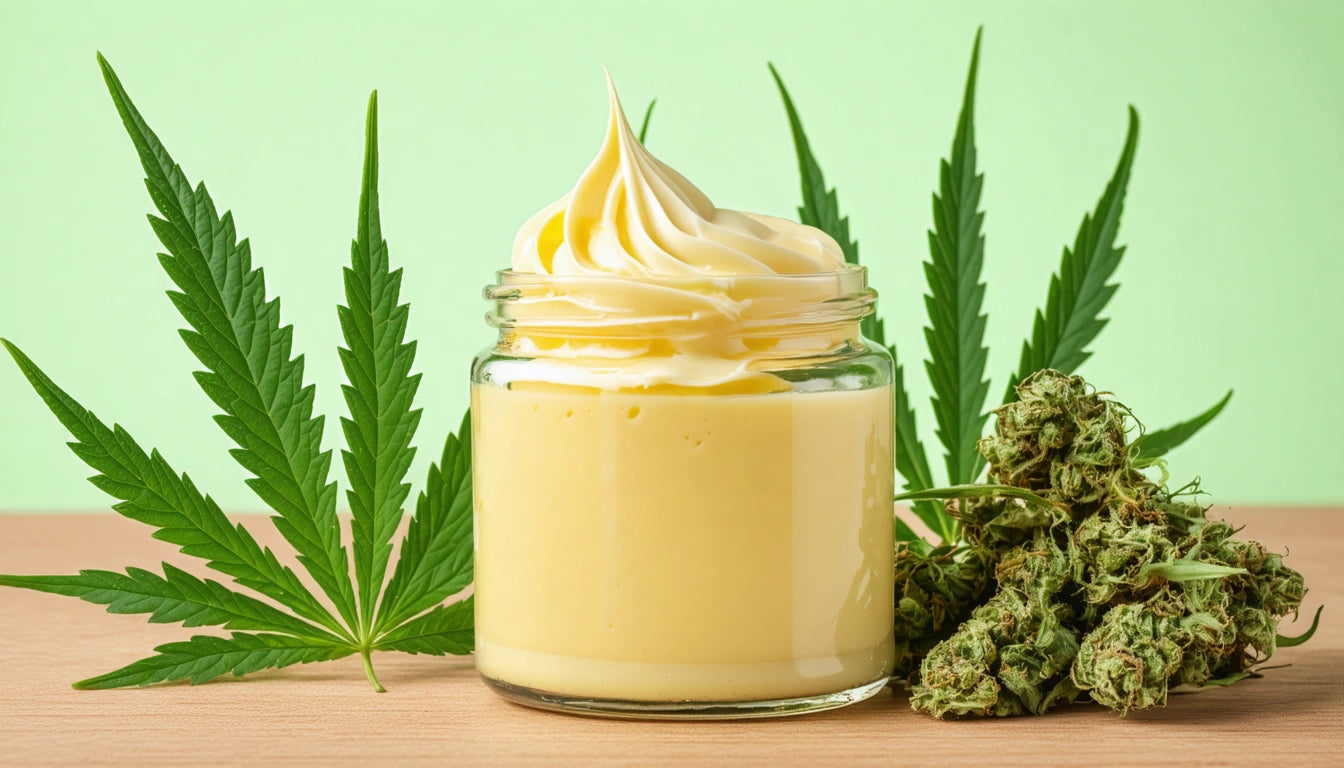 Jar of yellow cream with a swirl on top, flanked by green leaves and dried green buds on a wooden surface, light green background