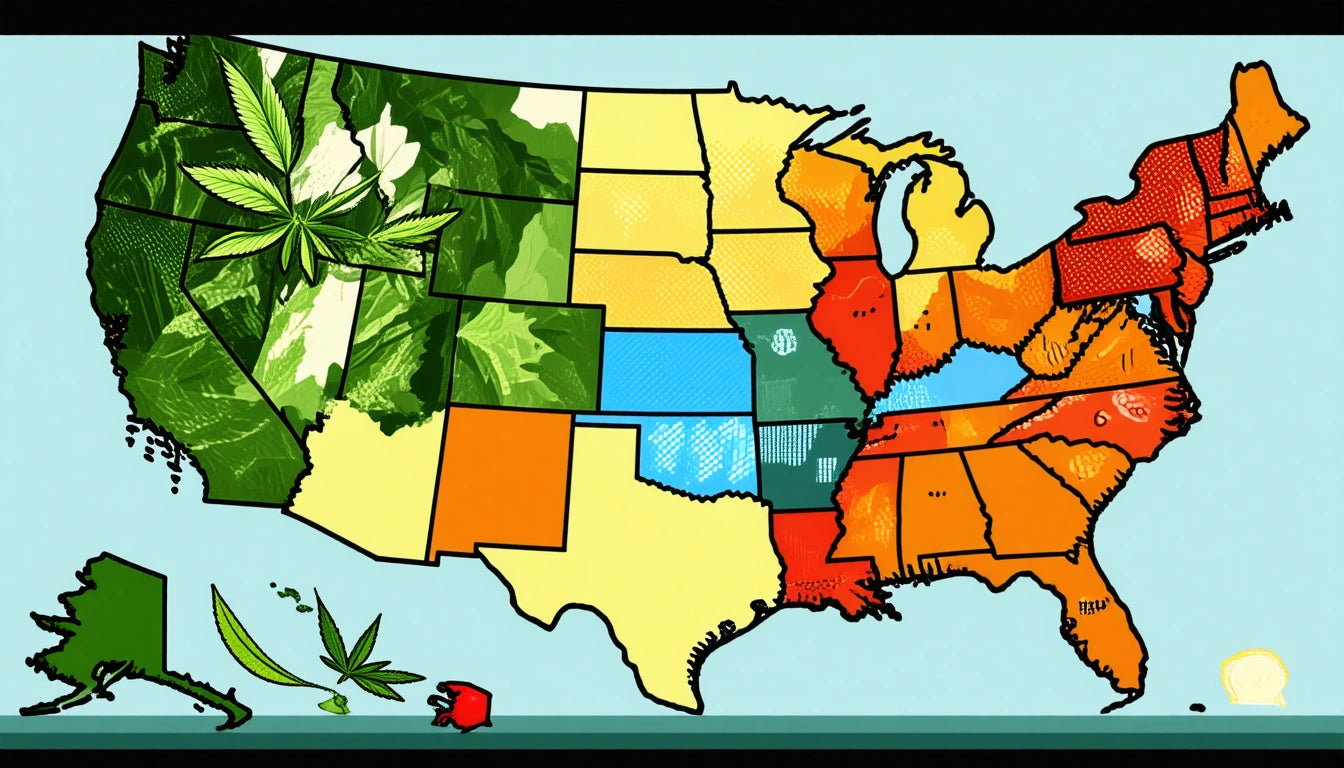 Colorful map of the United States, states shaded in green, yellow, orange, and red, with cannabis leaves over western states