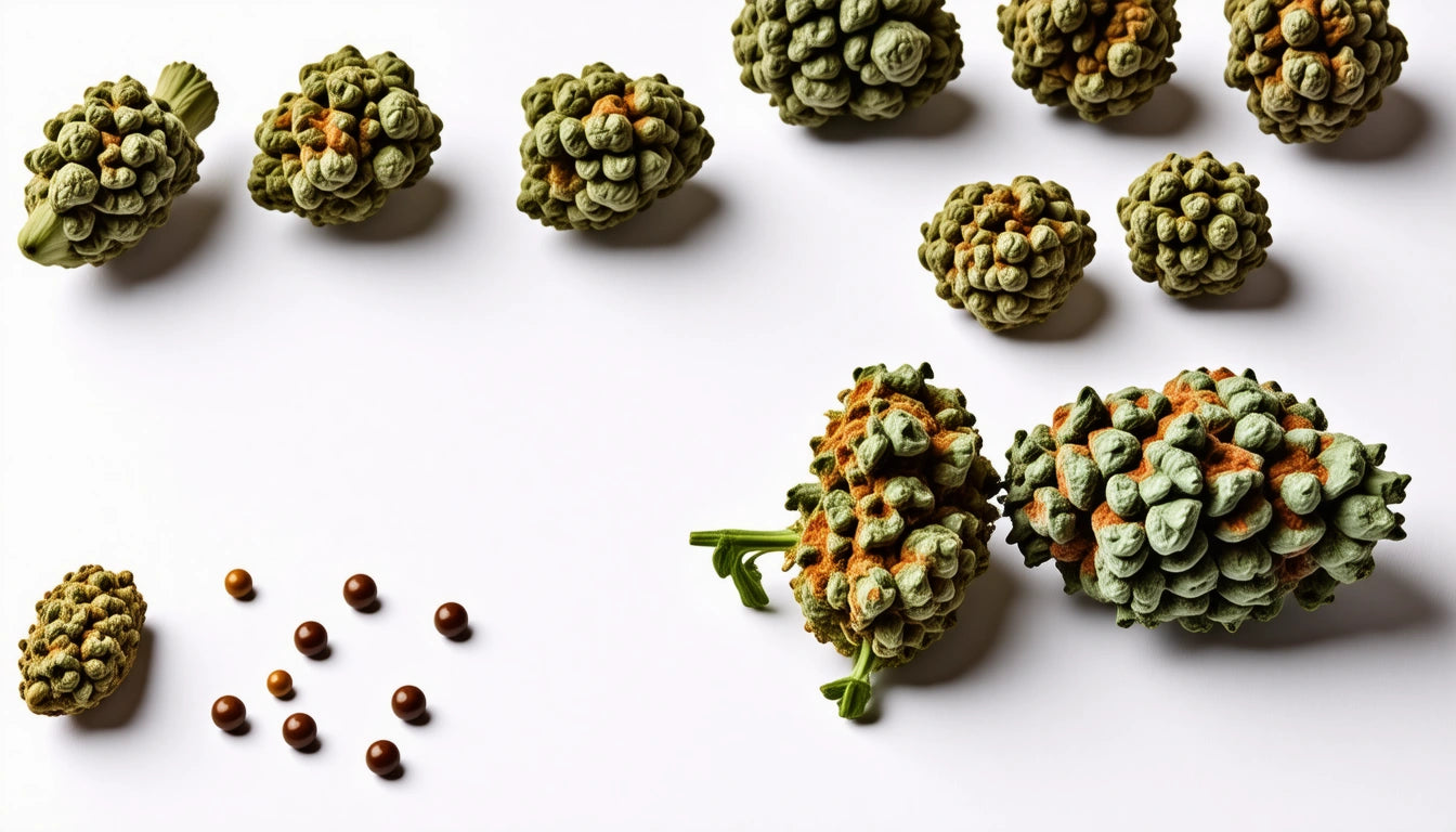 Green and brown textured clusters on white surface, with small round brown objects arranged in two rows on the left