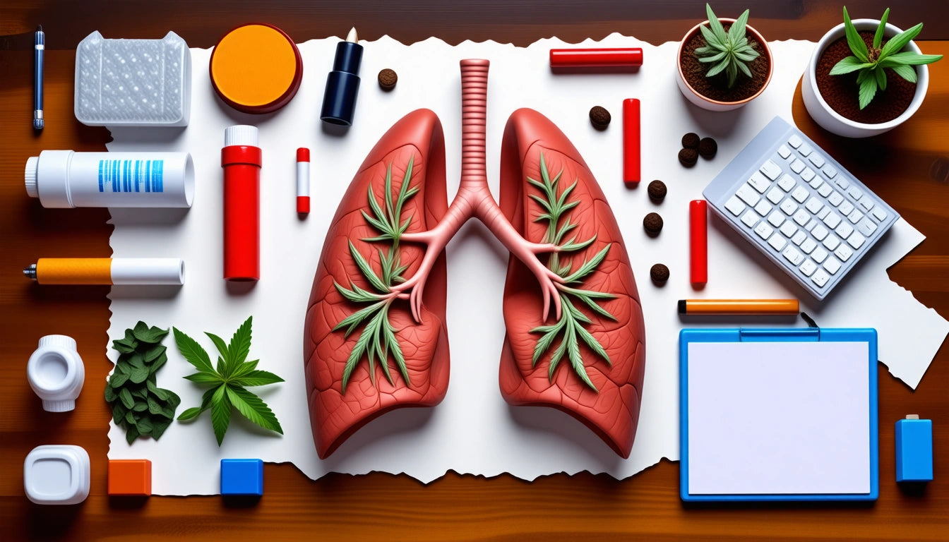Two anatomical lung models on paper surrounded by plants, pills, bottles, keyboard, and a clipboard on a wooden surface