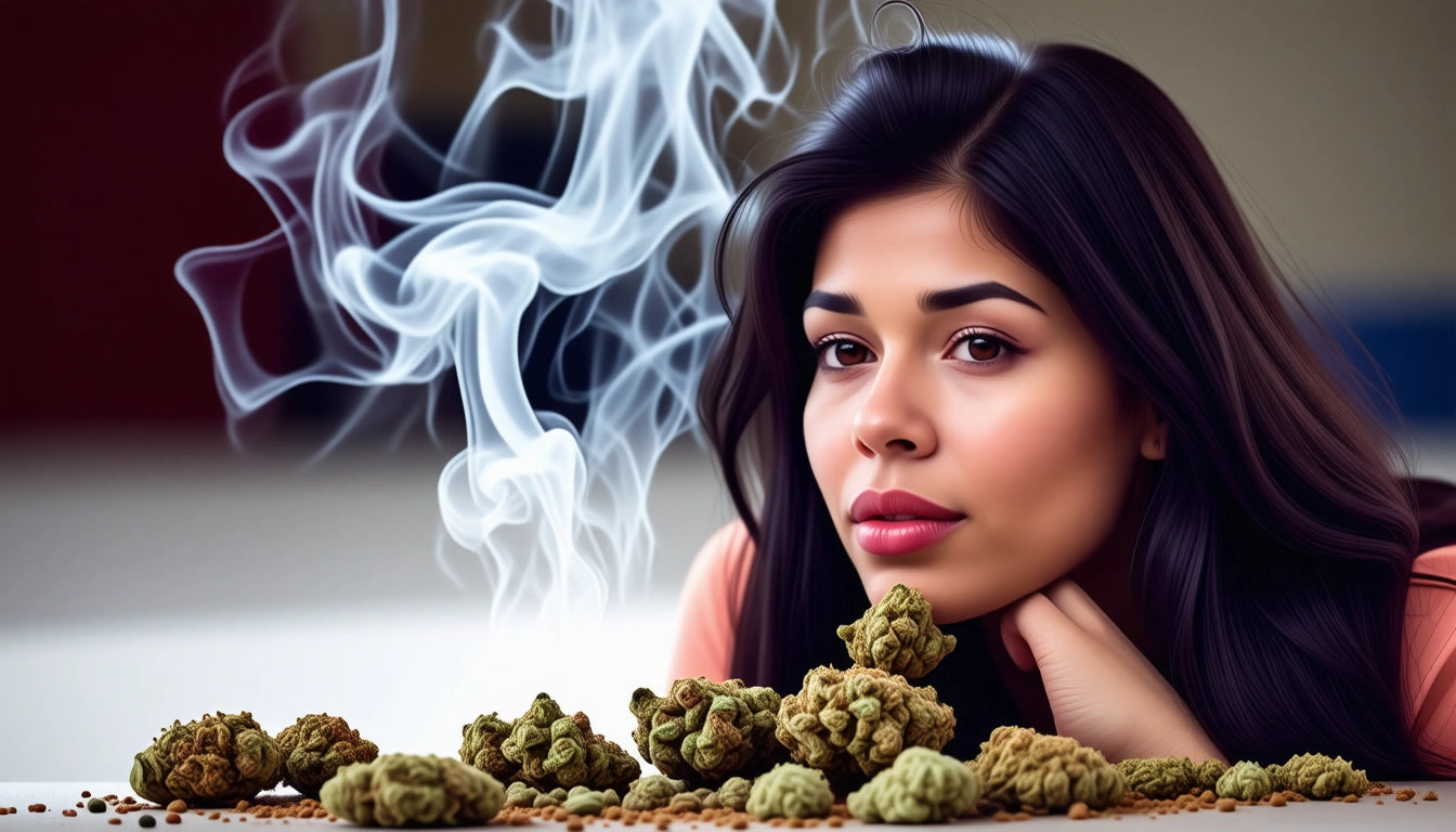 Woman with long dark hair gazing at smoke swirling above a table with green plant buds