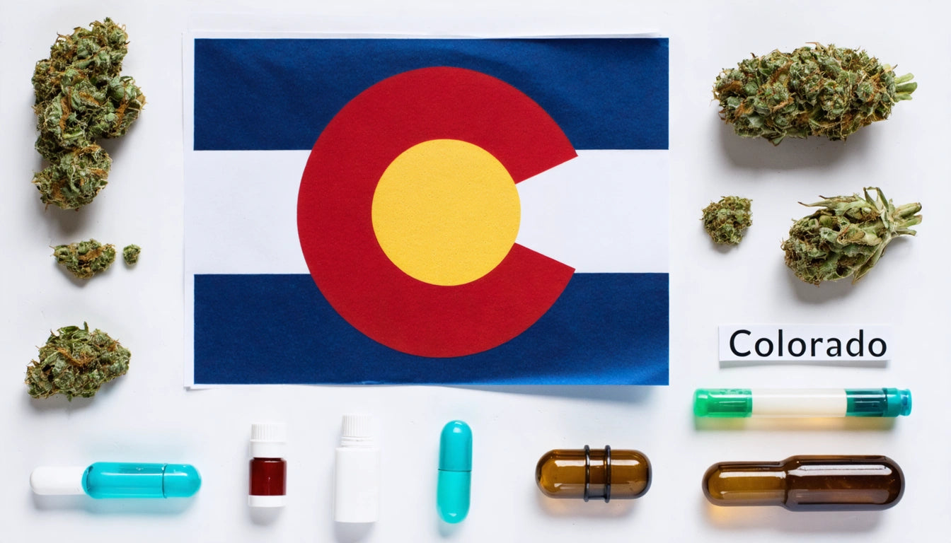 Colorado flag centered with cannabis buds and assorted pills surrounding it on a white background