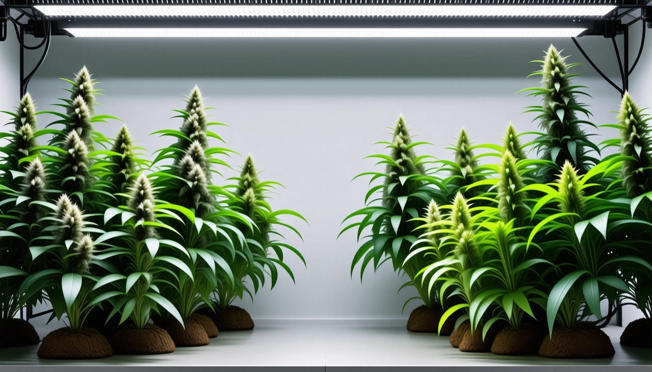 Rows of green plants with pointed leaves under bright overhead lights in a controlled indoor environment
