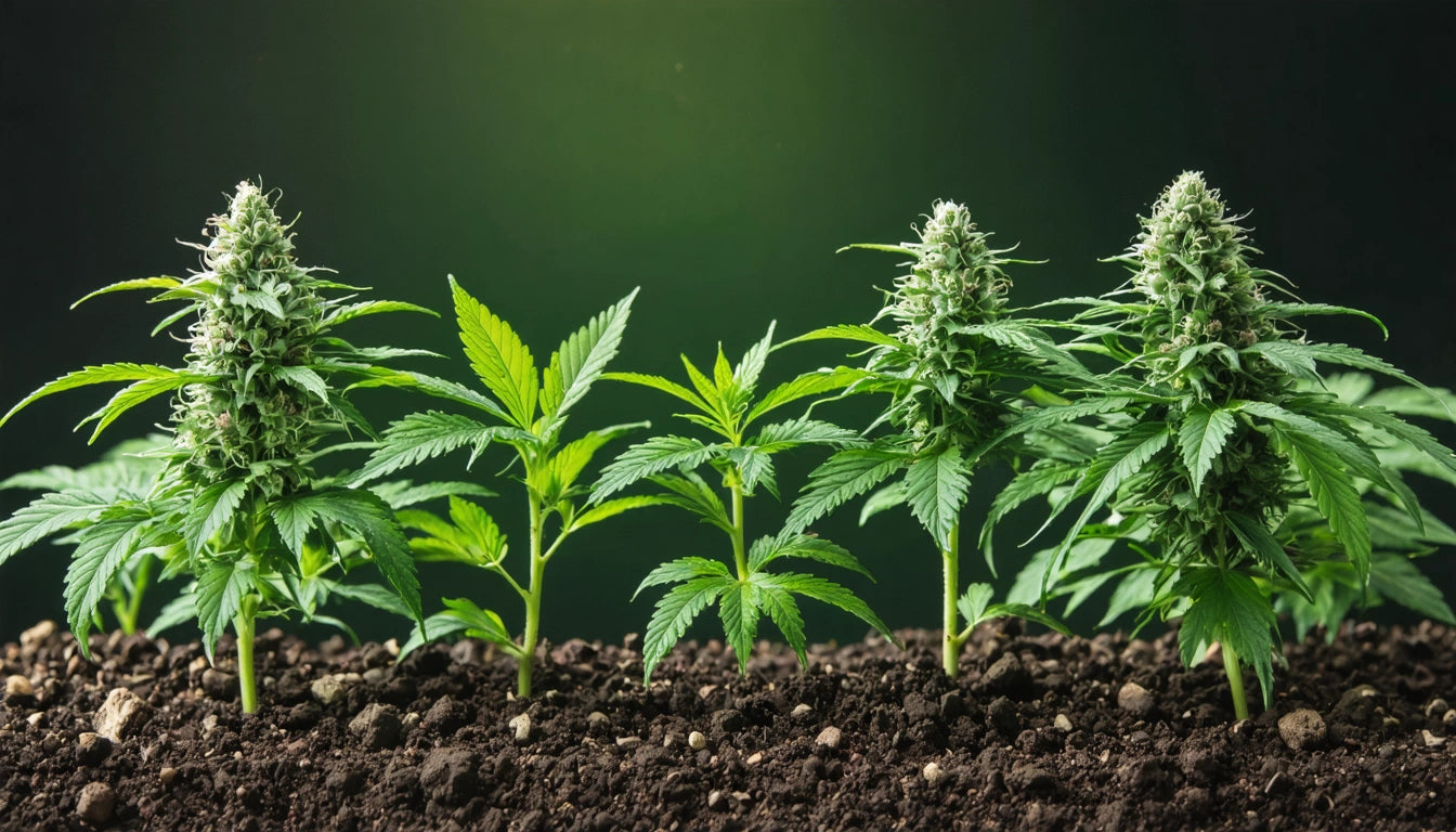 Four green plants with serrated leaves and buds growing in dark soil against a gradient green background