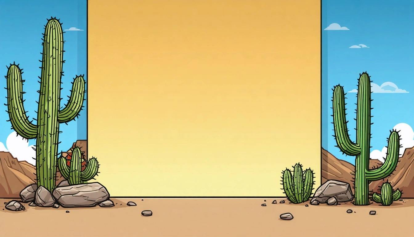 Desert scene with tall cacti, rocks, and a gradient yellow to blue sky