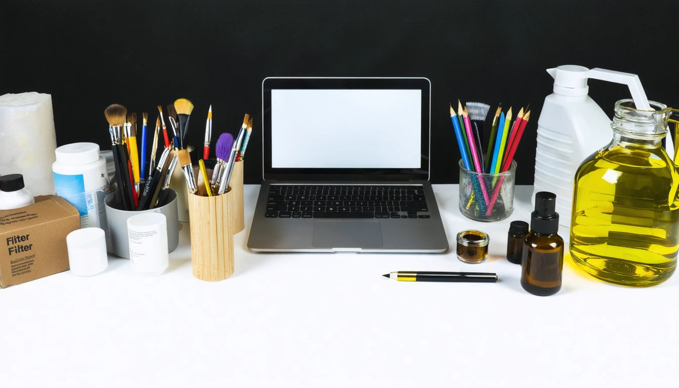 Laptop on desk surrounded by paintbrushes, colored pencils, bottles, and a large jug of yellow liquid