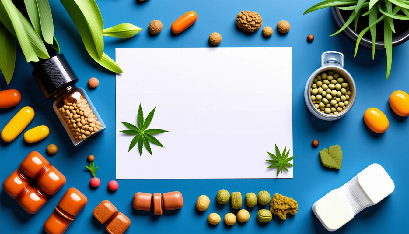 White paper with green leaves on blue surface, surrounded by pills, seeds, plants, and a small bowl of peas