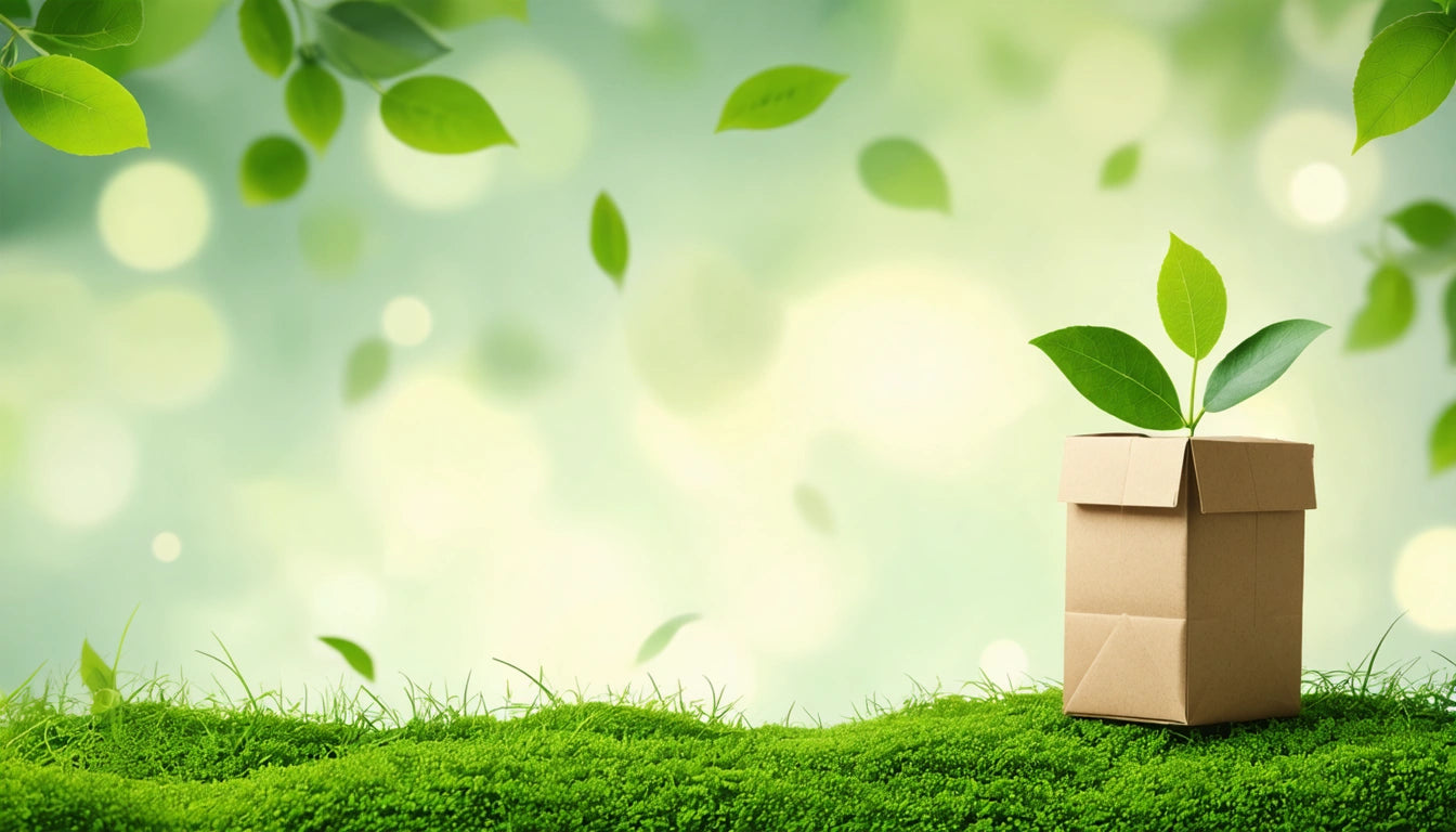 Cardboard box with green leaves sprouting, placed on lush mossy surface, surrounded by falling leaves against a blurred green background