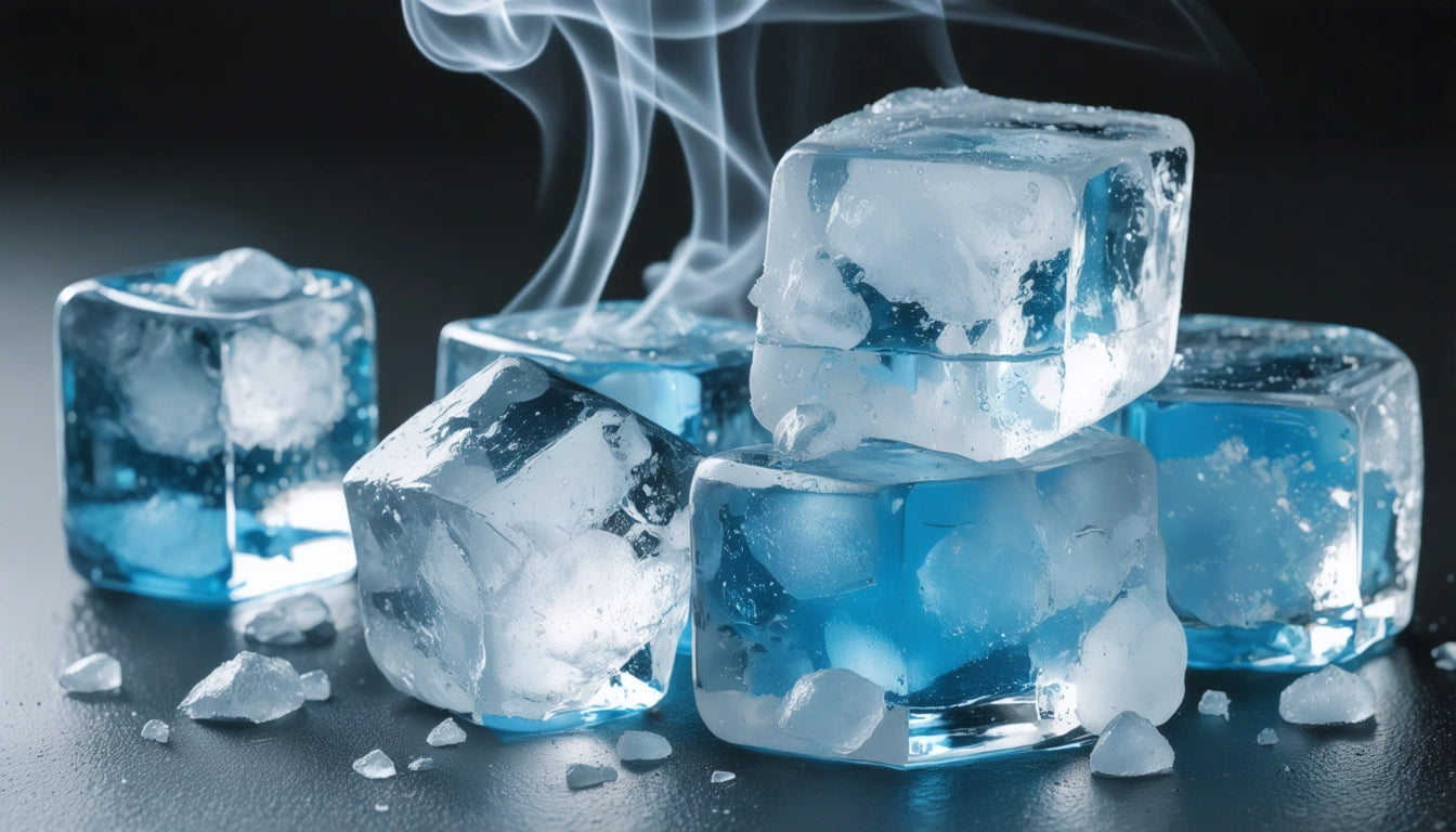 Stack of melting ice cubes with blue tint, surrounded by small ice fragments on a dark surface, with wisps of vapor rising