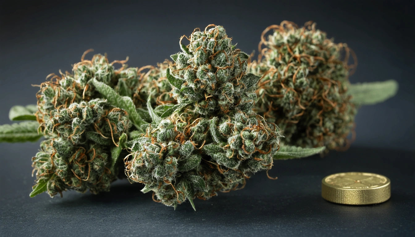 Dense green buds with orange hairs, next to a small gold coin on a dark surface