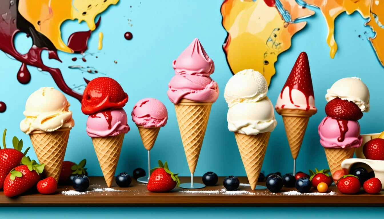 Seven ice cream cones with various flavors, surrounded by strawberries and blueberries, against a colorful world map background