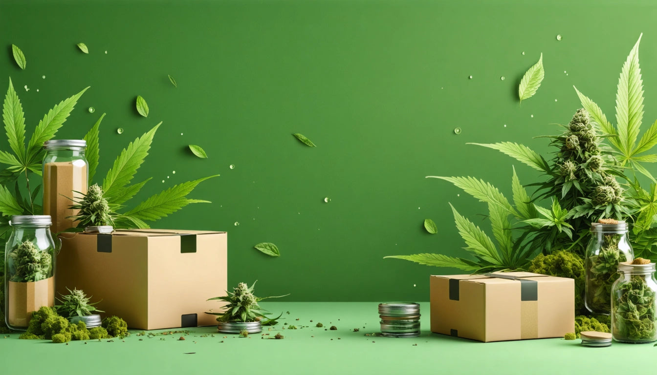 Cardboard boxes, glass jars with plants, scattered leaves, and green background with small droplets