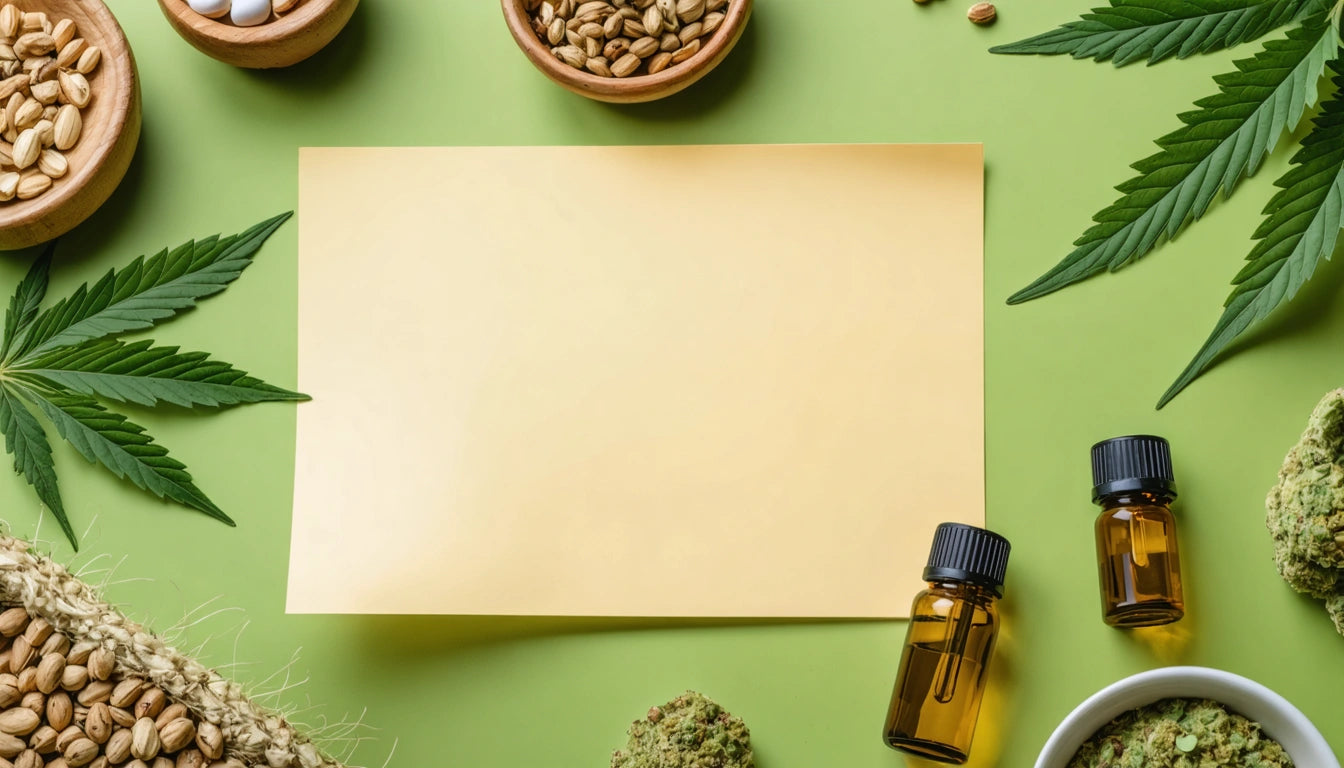 Yellow paper on green surface surrounded by hemp leaves, seeds in bowls, a small amber bottle, and a piece of burlap
