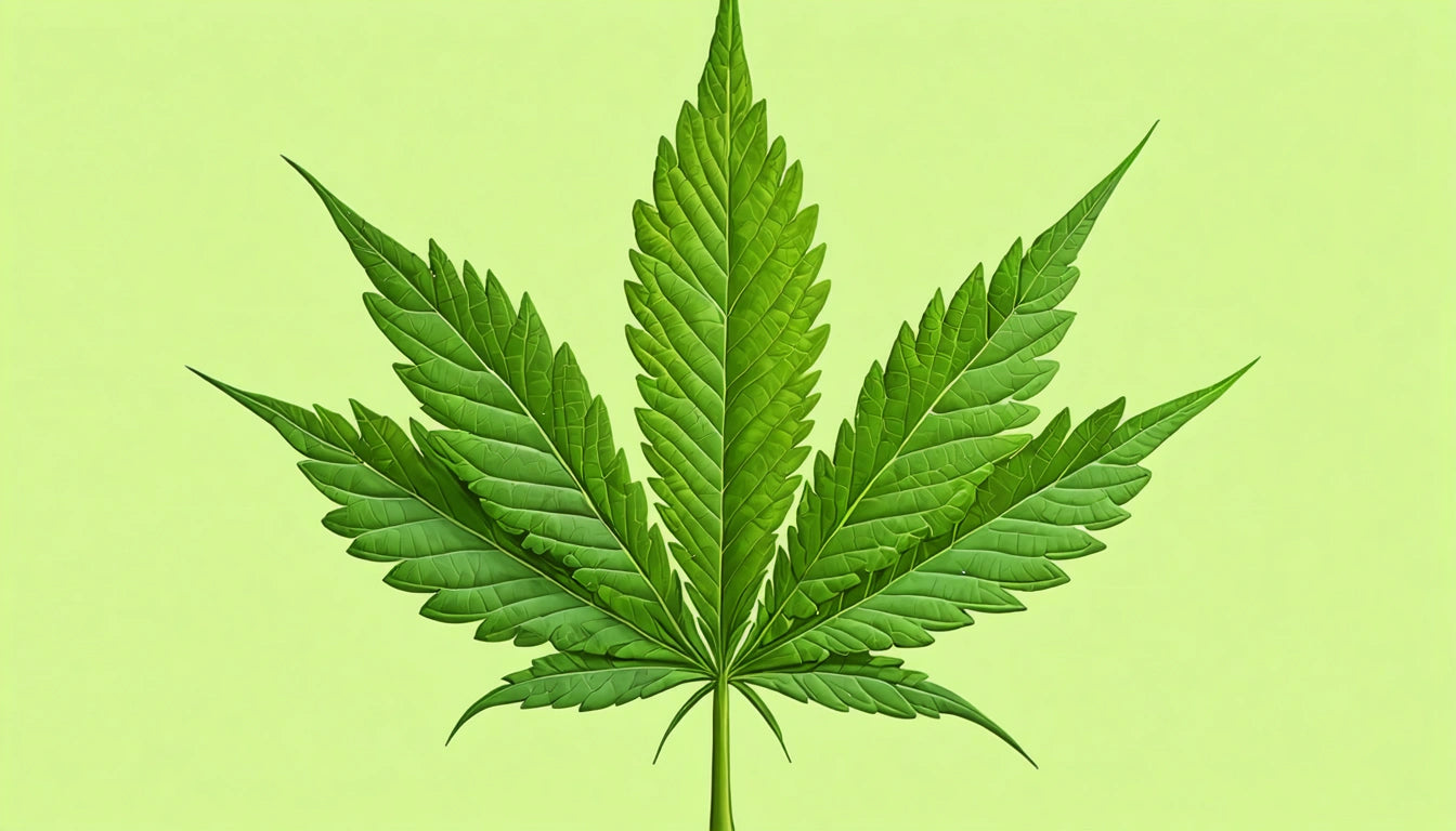 Large green leaf with serrated edges and pointed tips on a light green background