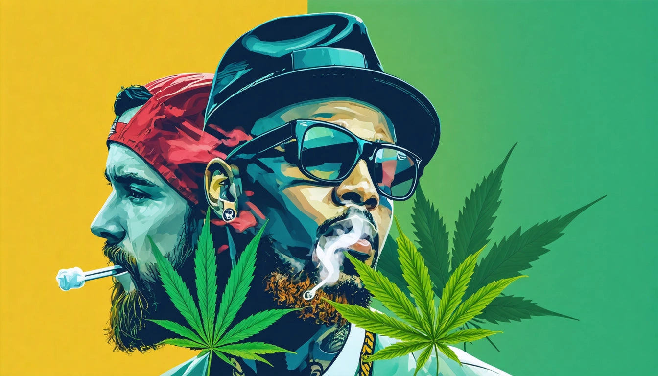 Two men in profile, one with a red cap smoking, the other with sunglasses and a hat, overlaid with large cannabis leaves
