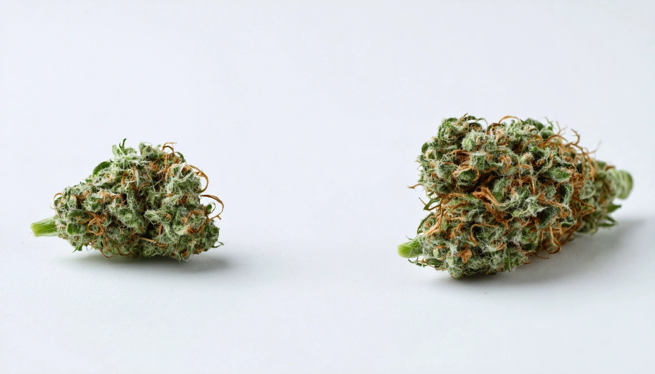 Two green, textured plant buds with orange strands on a plain white background