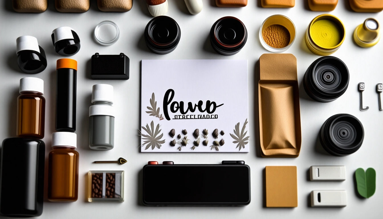 Various camera lenses, film canisters, and bottles arranged around a card with decorative leaves on a white surface