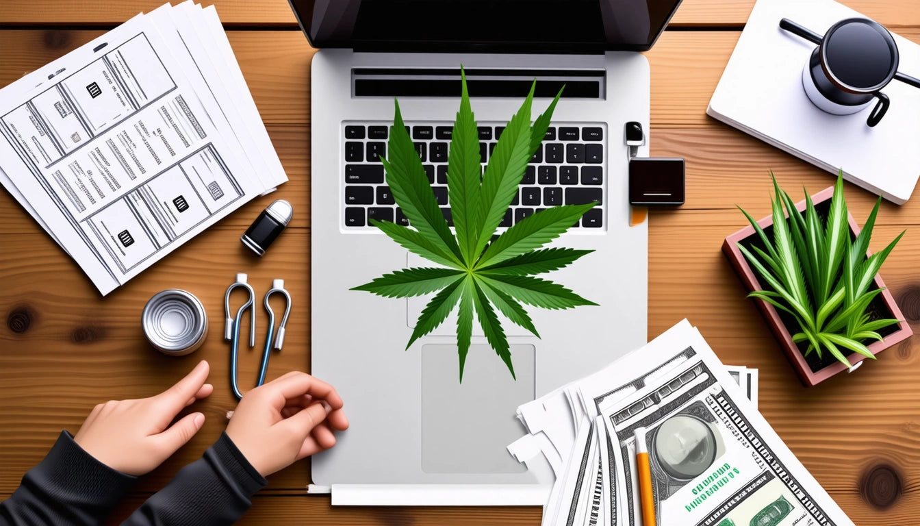 Hands near laptop with large green leaf on keyboard, documents, stethoscope, coffee cup, and potted plant on wooden table