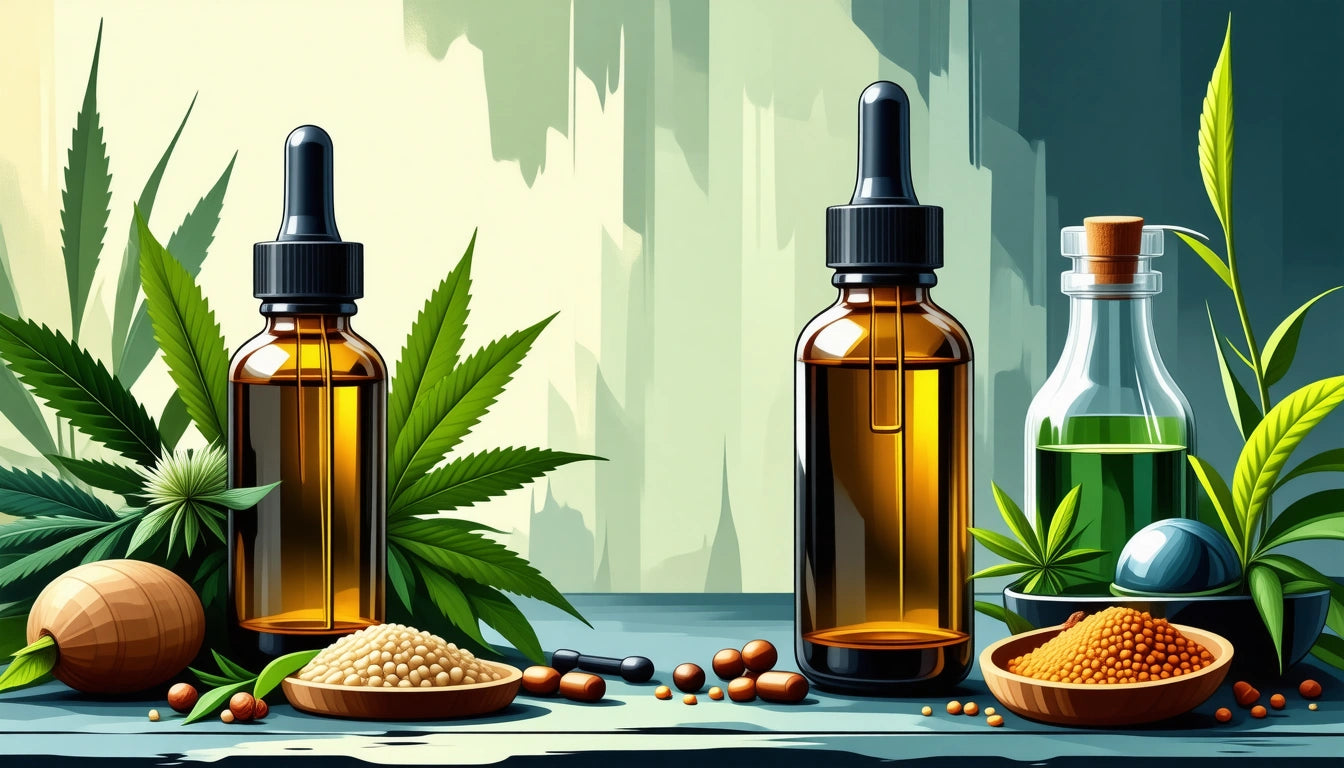 Two amber dropper bottles on a table with green leaves, small bowls of seeds, capsules, and a clear bottle with green liquid