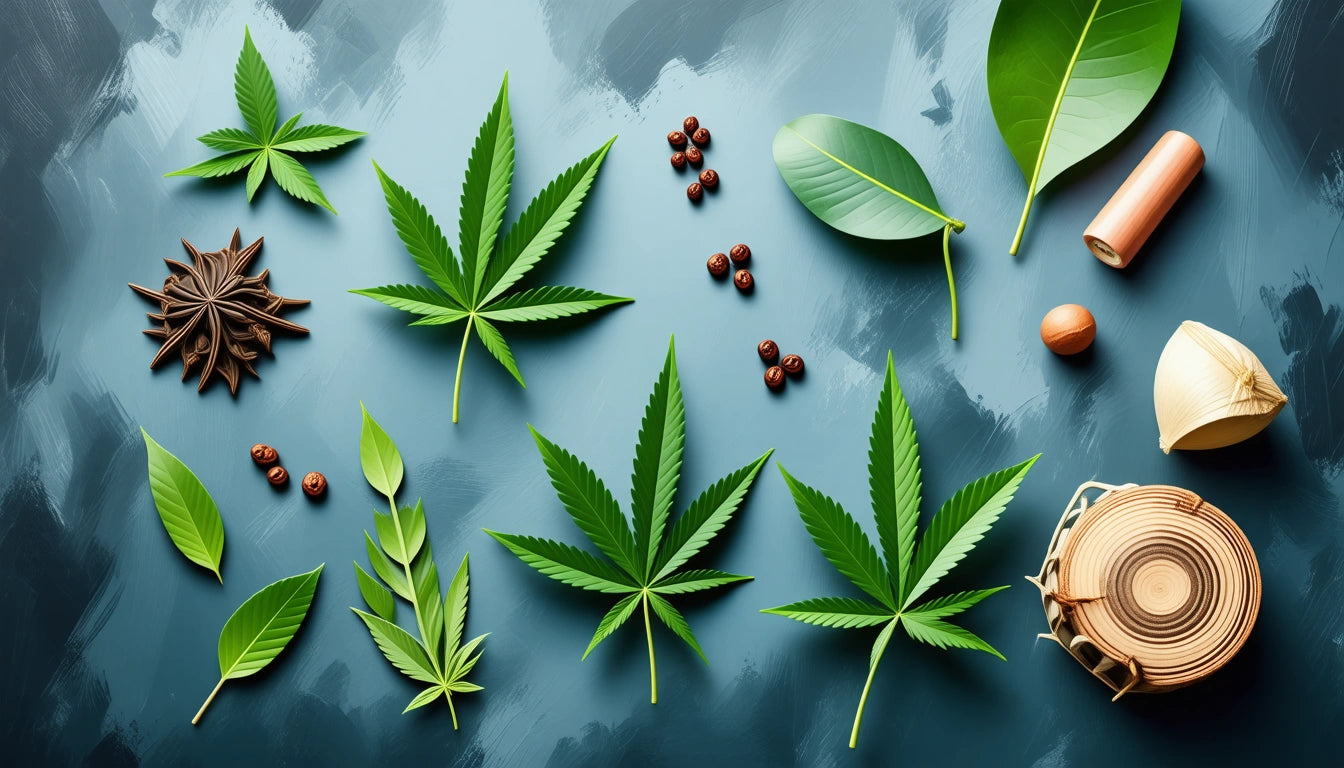Various green leaves, star anise, brown seeds, and a wooden container on a textured blue surface