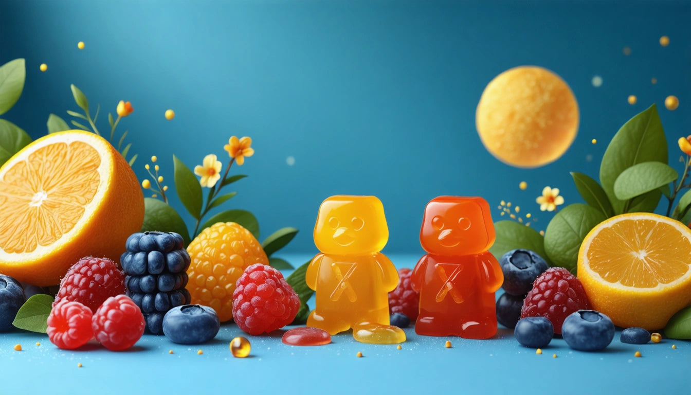 Two gummy bears surrounded by assorted berries, orange slices, and green leaves on a blue background with a floating orange sphere