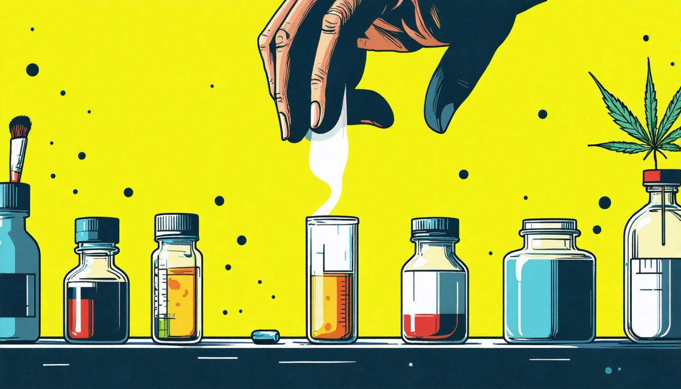 Hand holding paper above test tube with smoke; bottles with colored liquids, brush, and leaf on bright yellow background