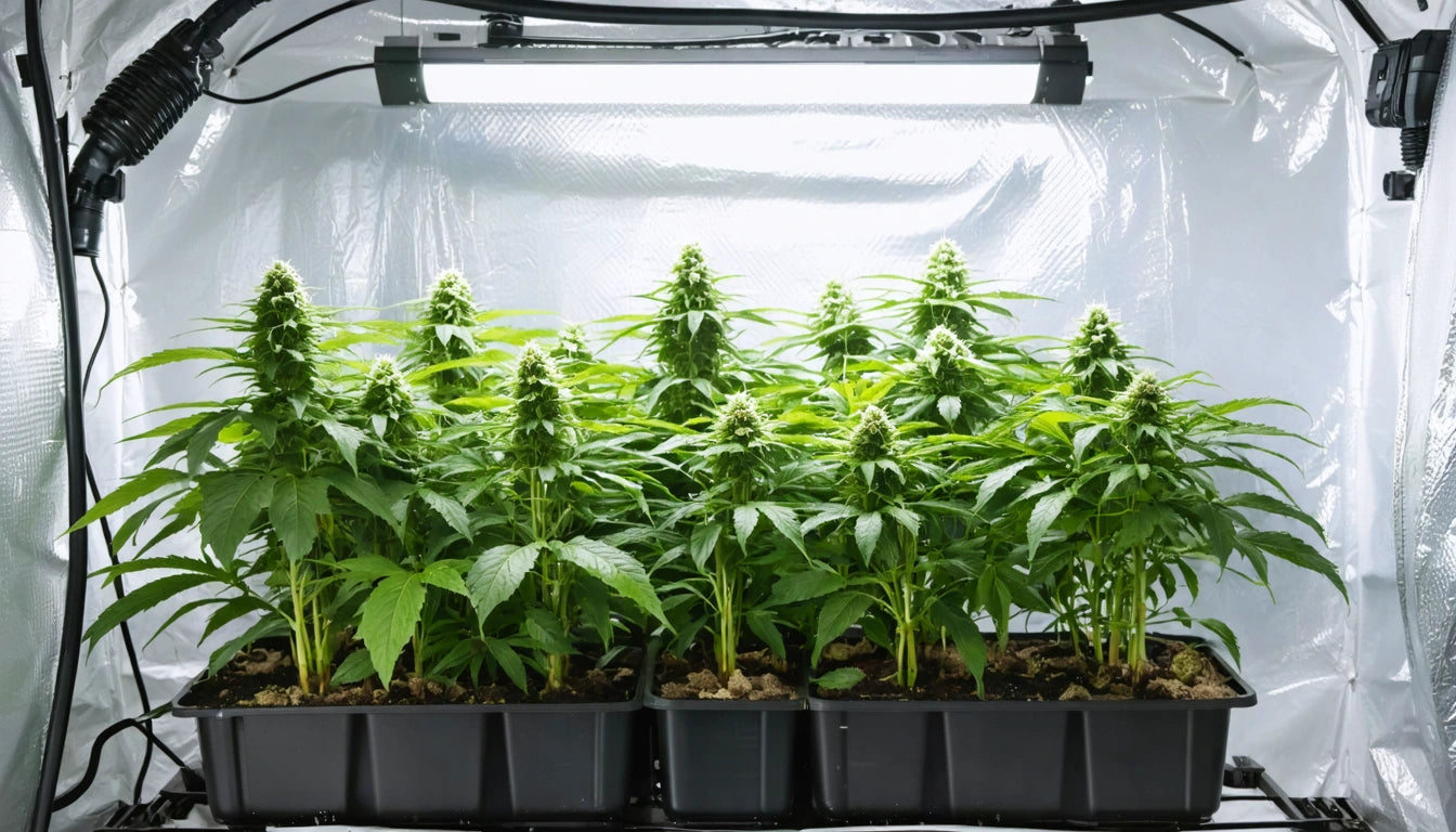 Rows of green plants with dense buds in black pots under bright overhead light in a reflective indoor tent