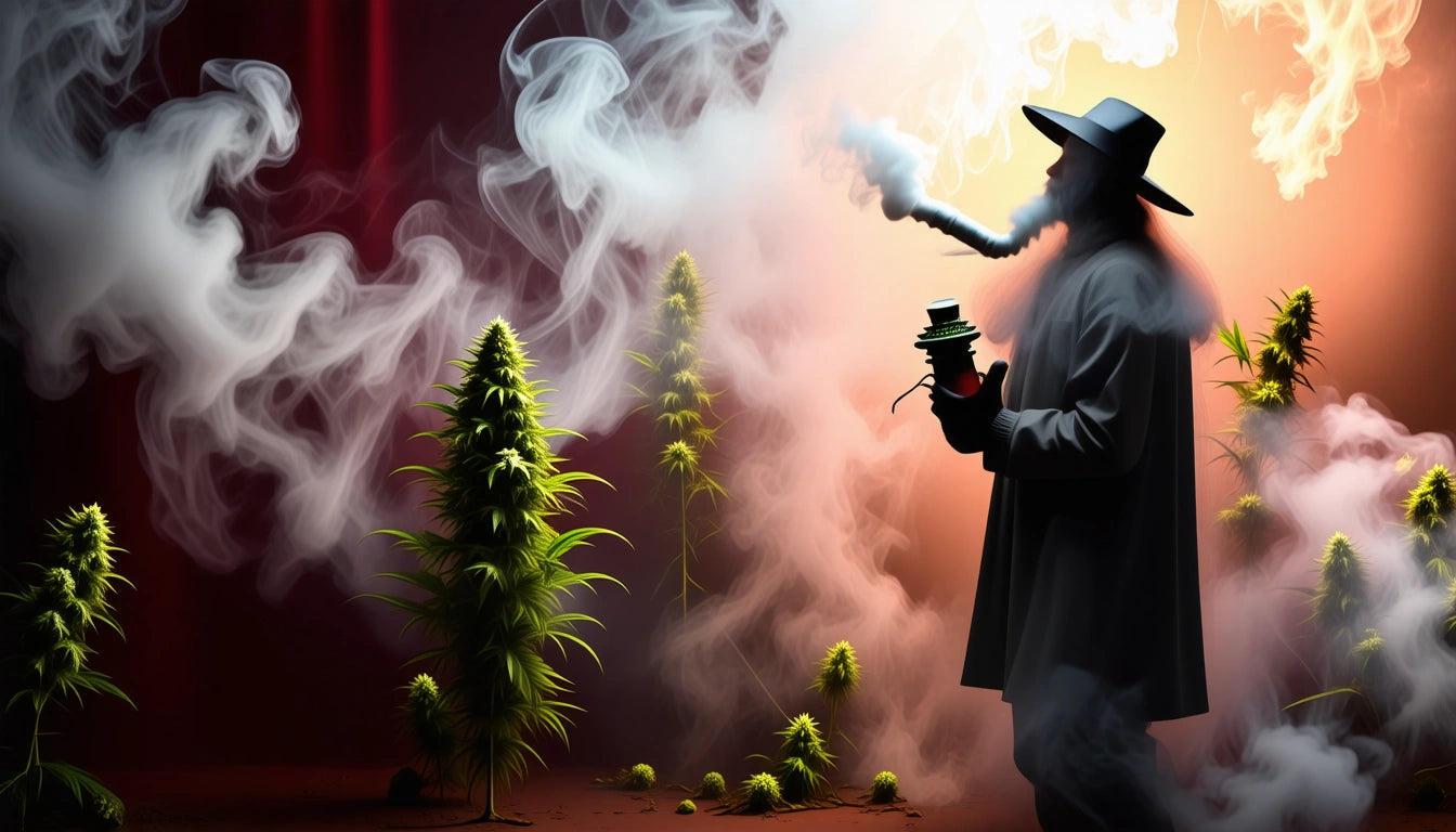 Silhouetted person in hat and coat smoking, surrounded by swirling smoke and tall green plants, against a warm glowing background