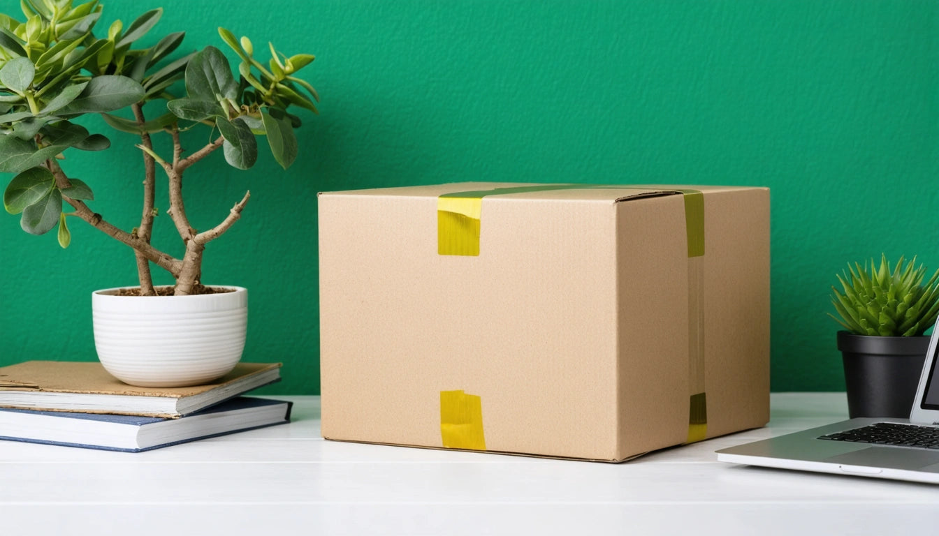 Cardboard box with yellow tape on white table, next to a potted plant, stacked books, and a laptop, against a green wall