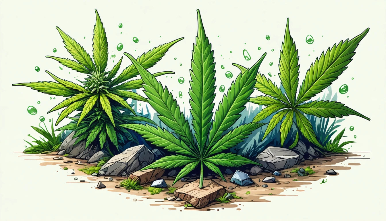 Three large green leaves with serrated edges, surrounded by rocks and small plants, with bubbles floating in the background