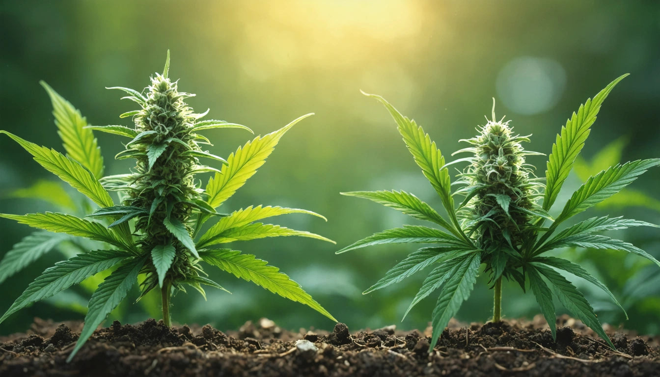 Two green plants with serrated leaves and buds in soil, with a blurred green background and bright light above