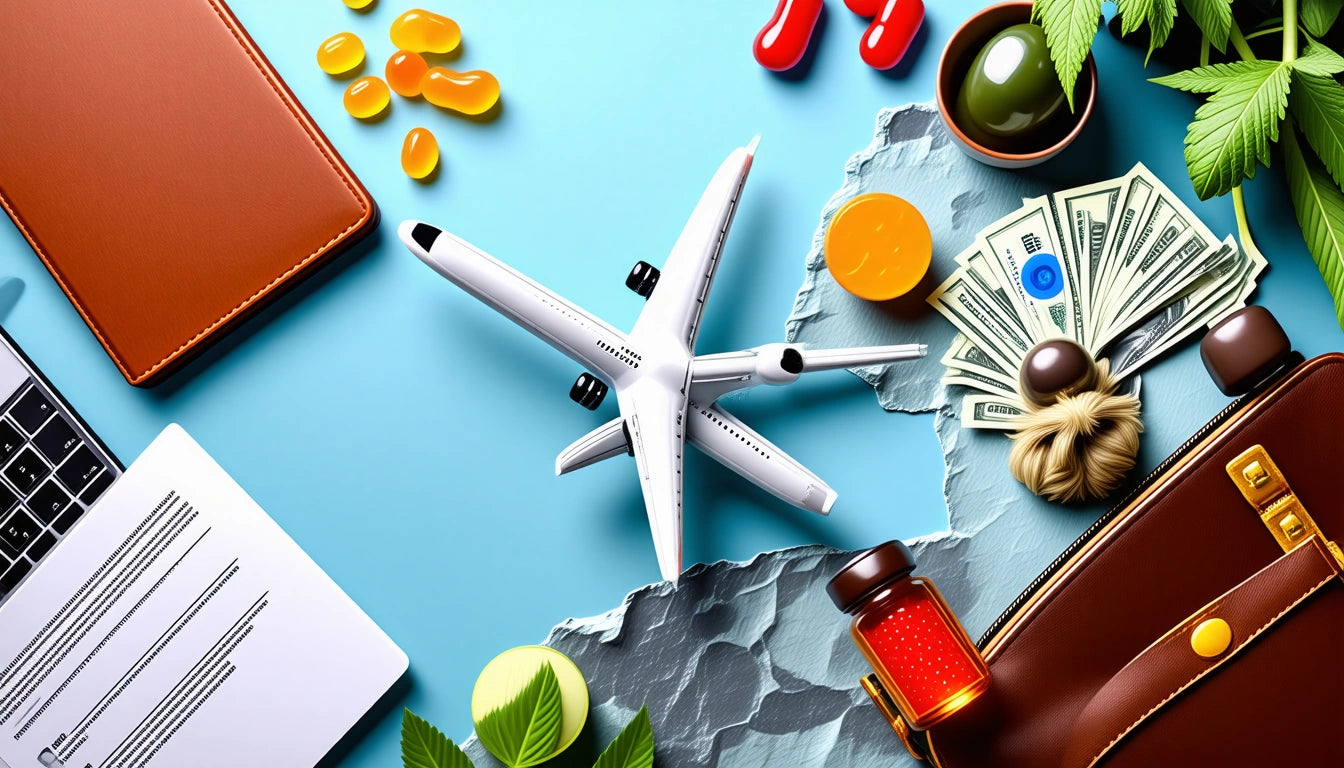 Laptop, model airplane, pills, money, leaves, and a brown bag on a blue surface with torn paper texture