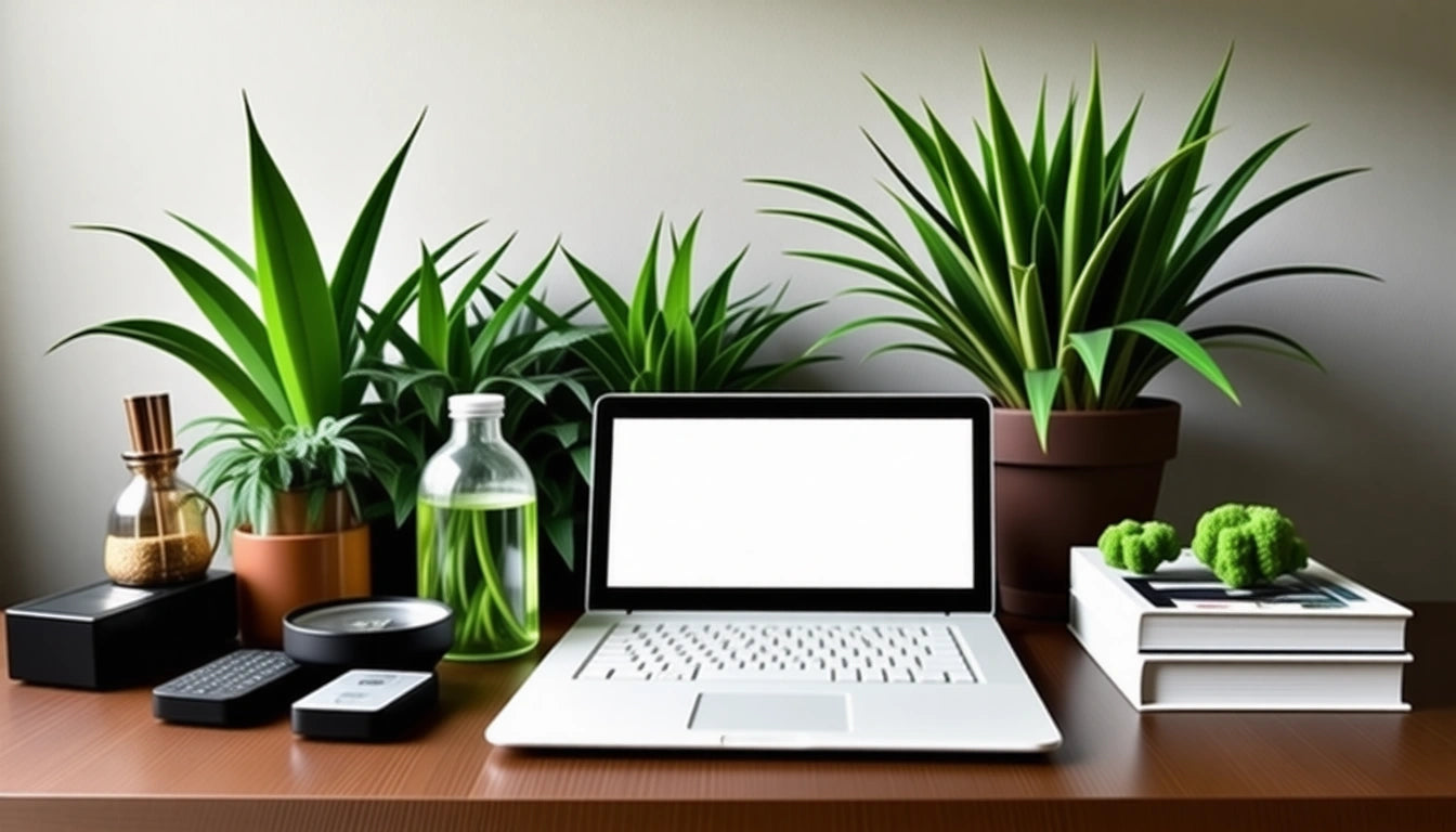 Laptop with blank screen on wooden desk, surrounded by green potted plants, a glass bottle, and stacked books with small plants