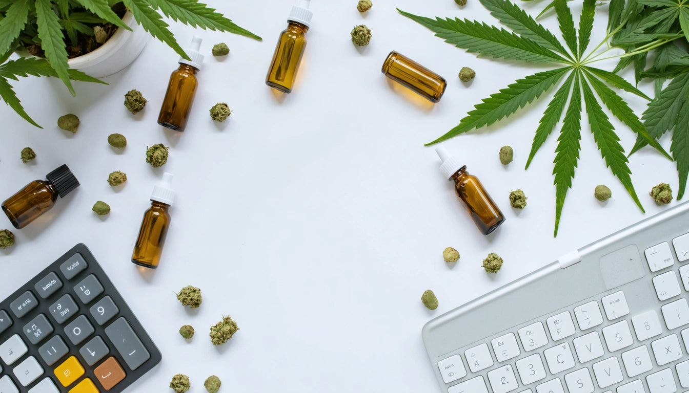 Brown dropper bottles, cannabis leaves, and buds scattered around a white surface with a calculator and keyboard