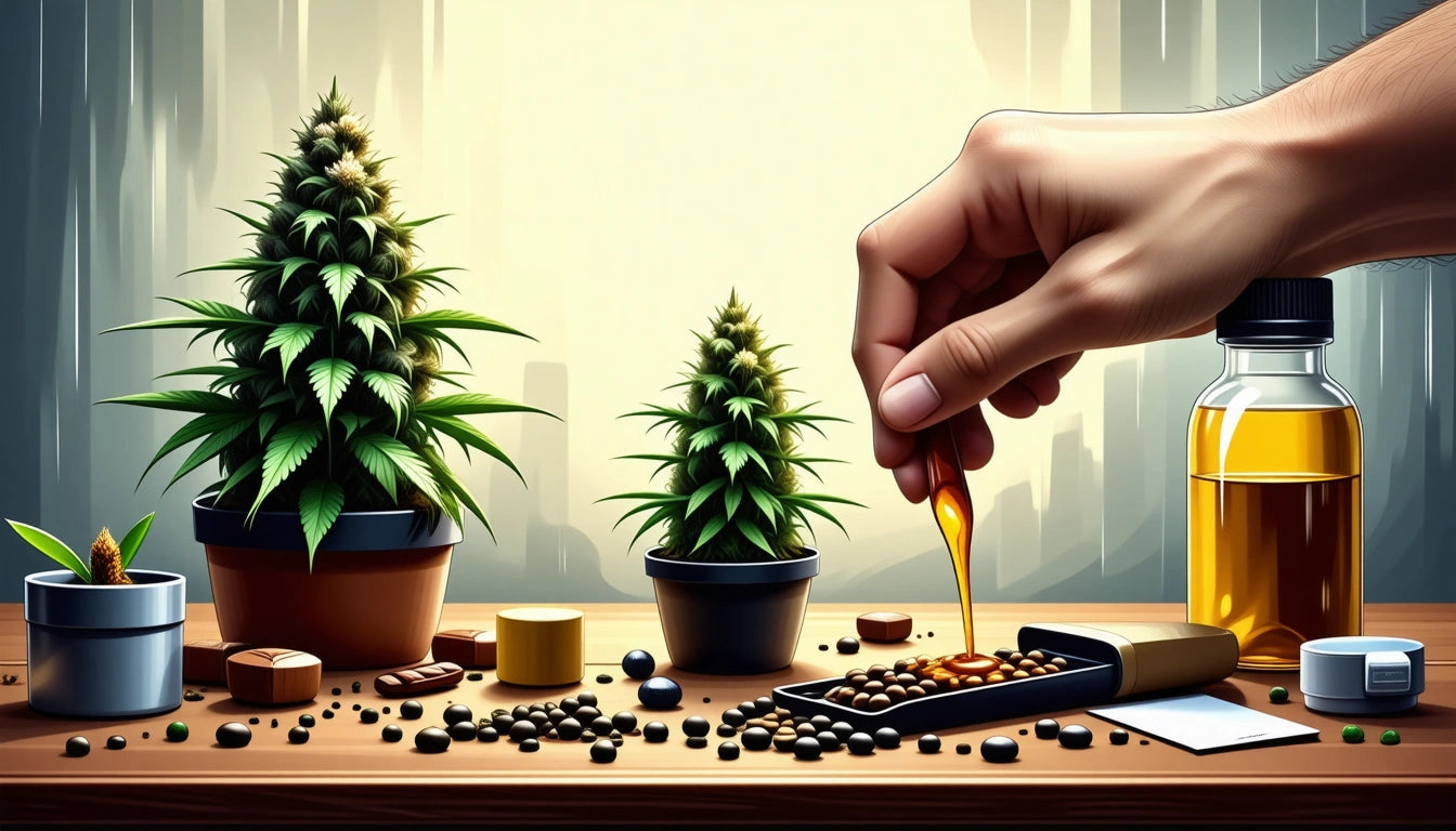 Hand holding dropper over seeds on table, two potted plants, small bottle, scattered capsules, and seeds in foreground