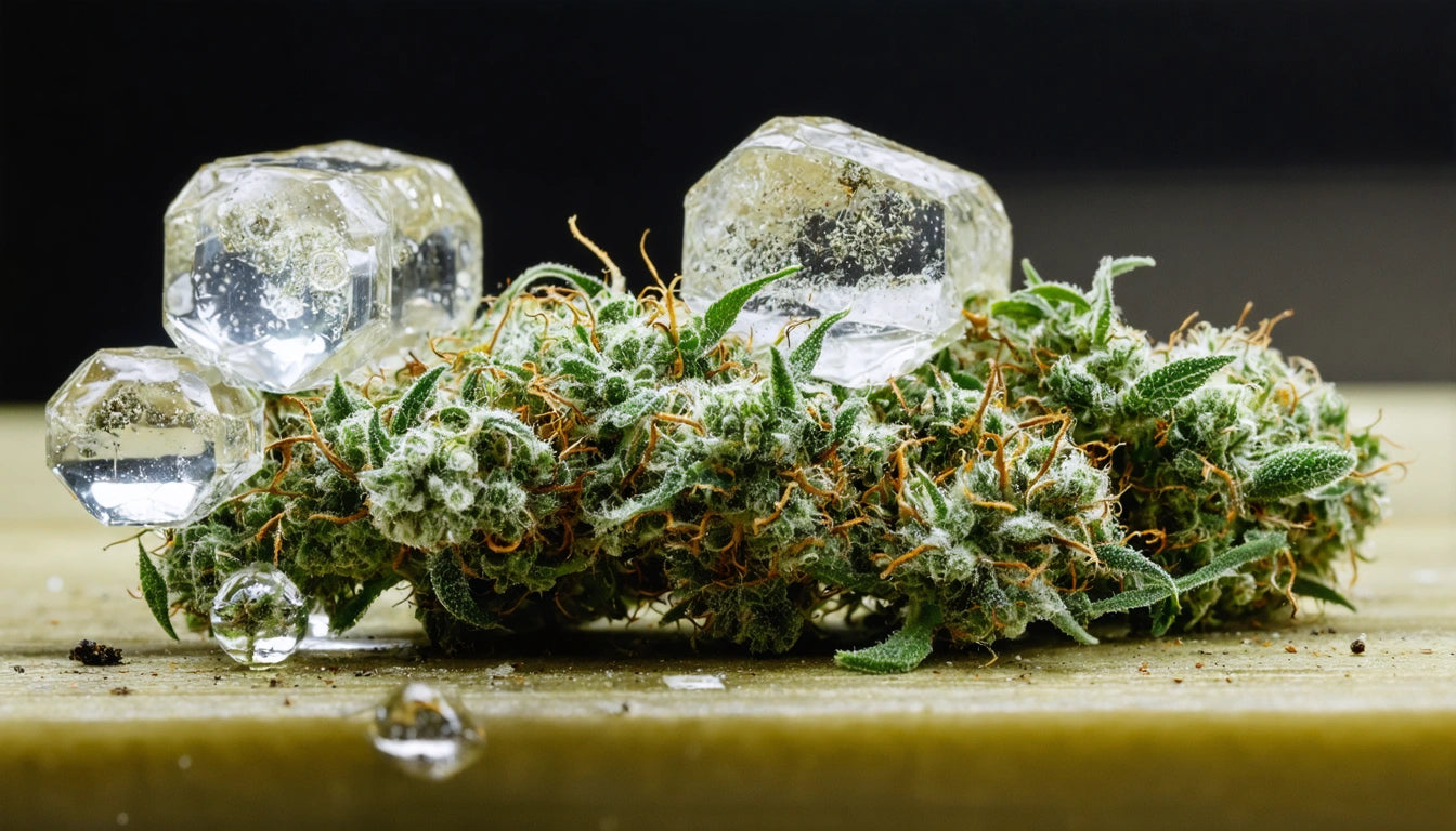 Crystalline structures on a green, leafy plant with orange strands on a wooden surface