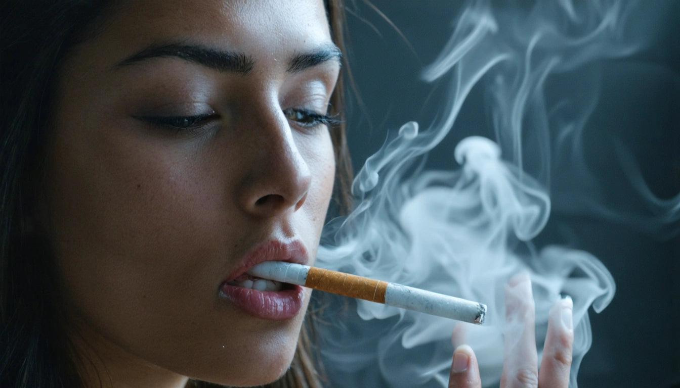 Woman with long hair holding a lit cigarette, smoke swirling around her face against a dark background