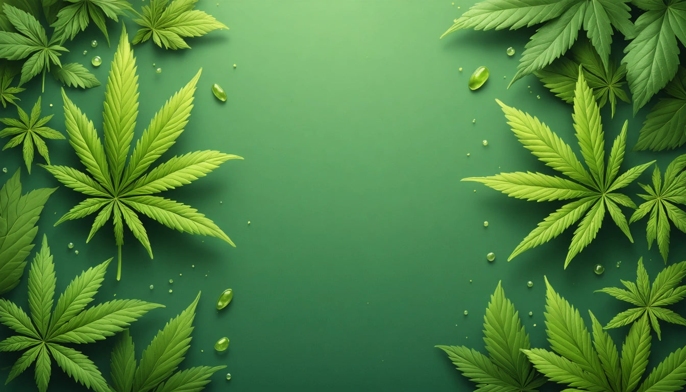 Large green leaves and small droplets scattered on a green background