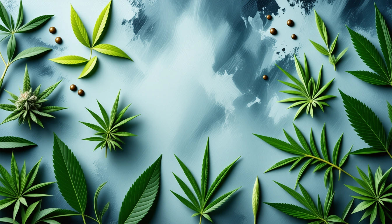 Green leaves and small brown seeds scattered on a textured blue and white background