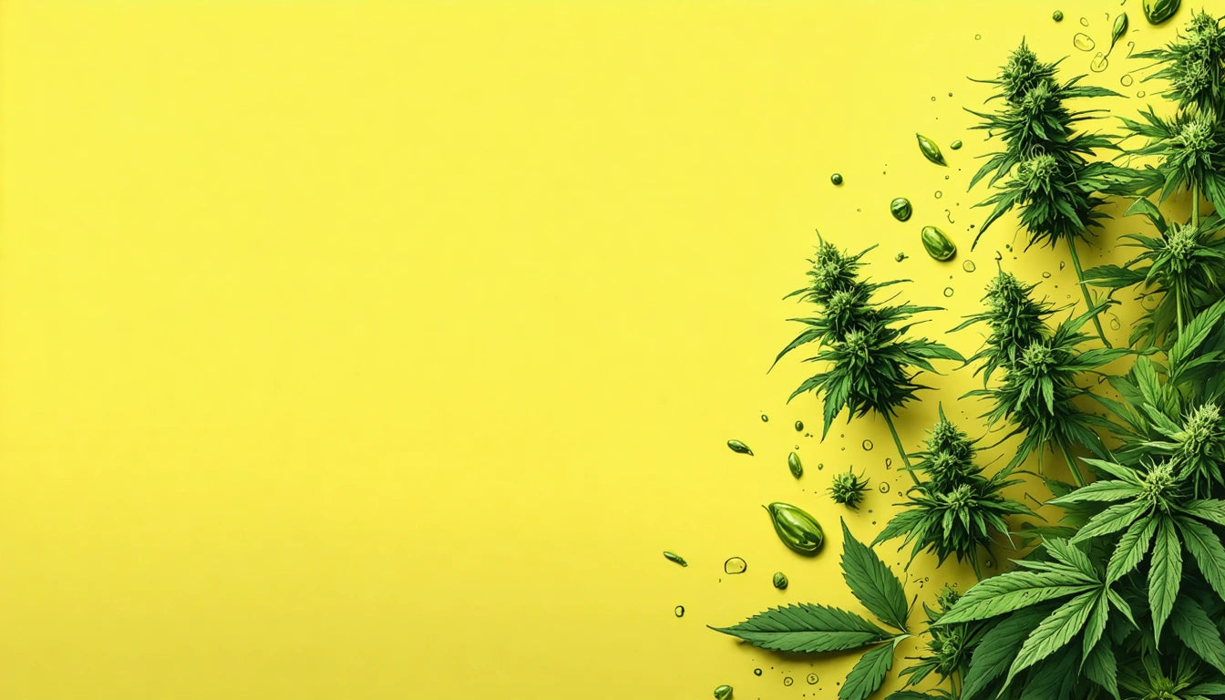Green cannabis plants and leaves scattered on a bright yellow background
