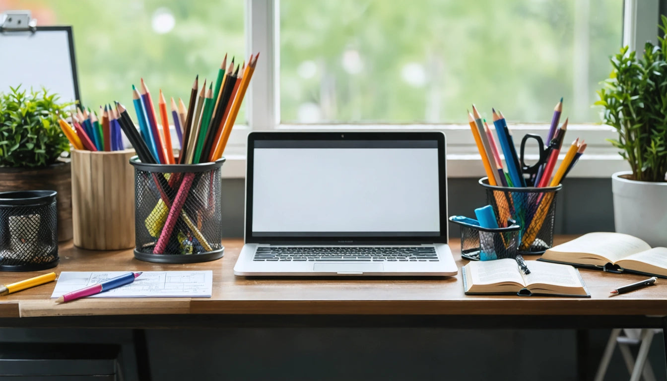 Laptop with blank screen on wooden desk, surrounded by colorful pencils in holders, open notebooks, and a potted plant