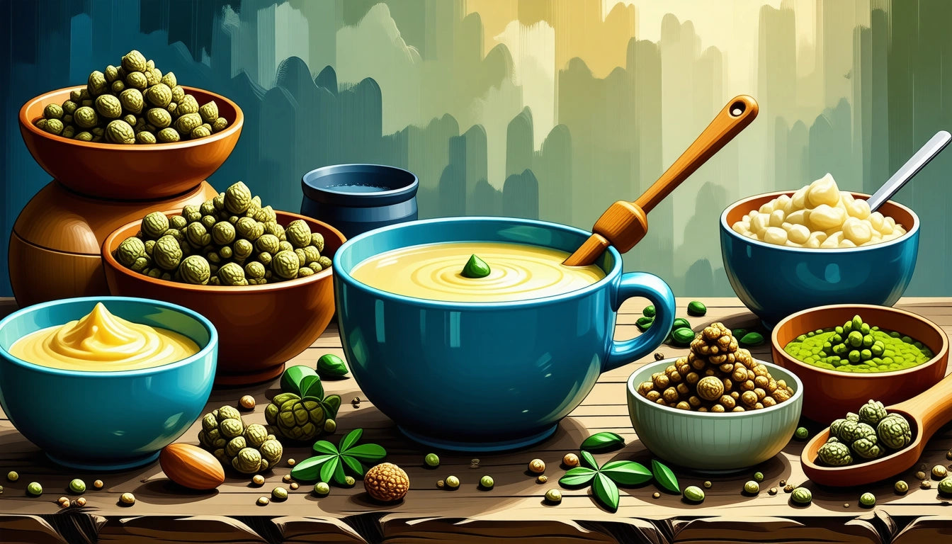 Blue bowl of creamy soup with a spoon, surrounded by bowls of nuts, seeds, and green powder on a wooden table