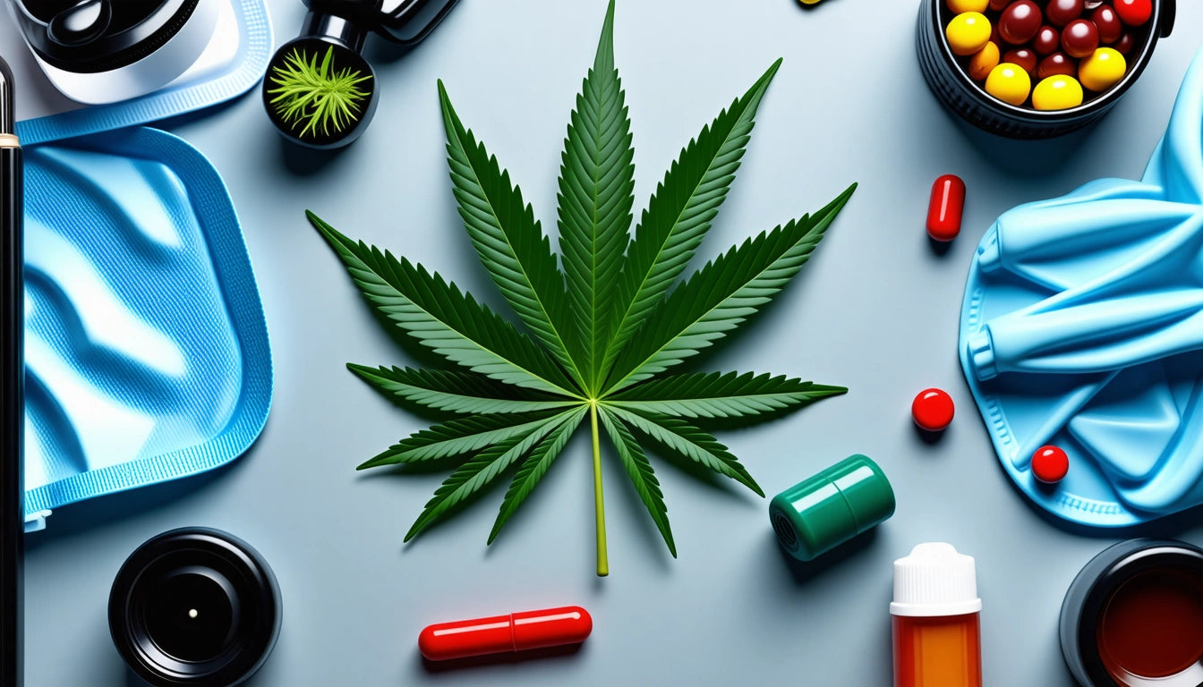 Green leaf surrounded by pills, a mask, a stethoscope, a small plant, and a bottle on a light blue surface
