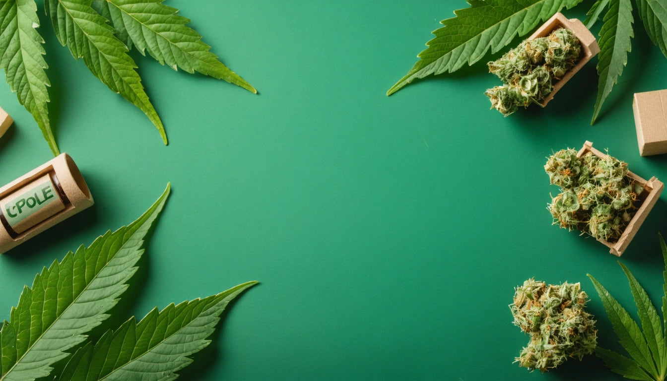 Green leaves and small wooden boxes with buds on a green background, arranged around the edges