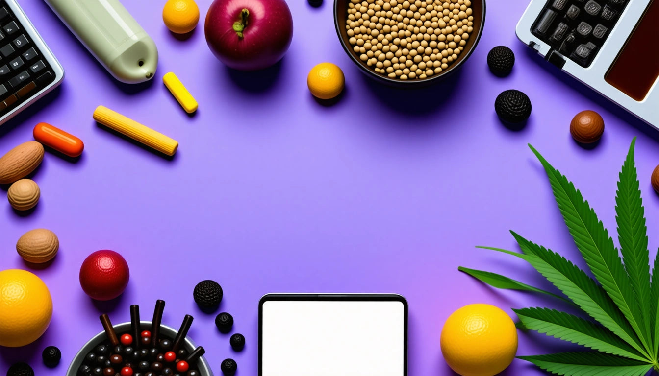 Purple background with scattered items: apple, soybeans in bowl, orange, candies, cookies, leaves, and partial keyboards