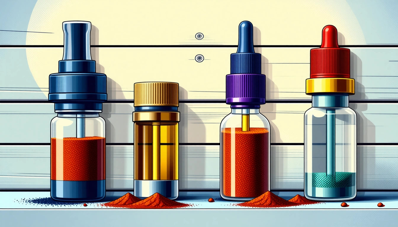 Four dropper bottles with colored liquids and powders, lined up against a wooden panel background