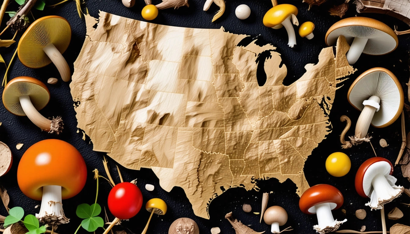 Map of the United States surrounded by various mushrooms in red, orange, and yellow on a dark surface